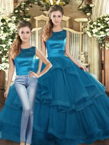 Simple Teal Two Pieces Tulle Scoop Sleeveless Ruffles Floor Length Lace Up Quinceanera Gowns