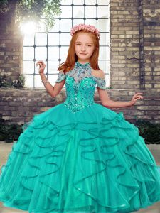 Discount High-neck Sleeveless Lace Up Pageant Dress for Teens Turquoise Tulle