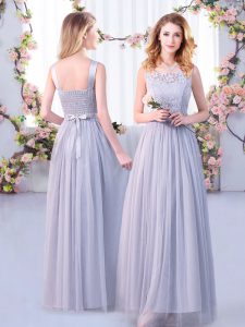 Grey Tulle Side Zipper Scoop Sleeveless Floor Length Bridesmaid Gown Lace and Belt