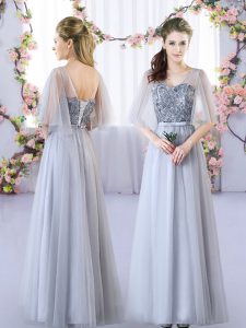 Pretty Grey Empire V-neck Sleeveless Tulle Floor Length Lace Up Appliques Quinceanera Dama Dress