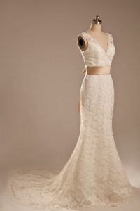 Excellent White Column/Sheath Lace and Belt Wedding Dresses Backless Lace Sleeveless