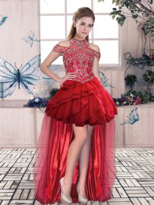 Luxury High Low Red Prom Party Dress Halter Top Sleeveless Lace Up