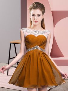Brown Backless Prom Dress Beading and Ruching Sleeveless Mini Length