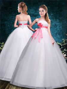 White Sleeveless Appliques and Belt Floor Length Wedding Dresses