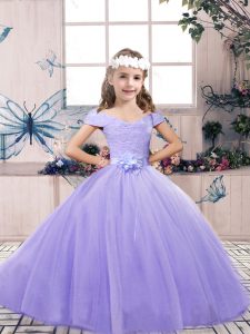 On Sale Lavender Tulle Lace Up Off The Shoulder Sleeveless Floor Length Girls Pageant Dresses Lace and Belt