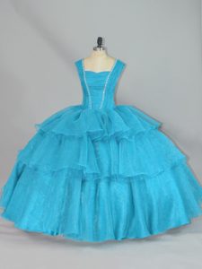 Aqua Blue Organza Lace Up Quinceanera Dresses Sleeveless Floor Length Beading and Ruffled Layers