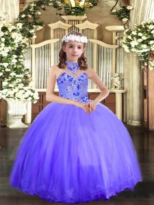 Blue Halter Top Neckline Appliques Little Girls Pageant Gowns Sleeveless Lace Up
