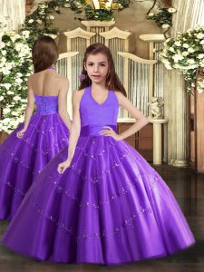 Wonderful Ball Gowns Little Girl Pageant Gowns Purple Halter Top Tulle Sleeveless Floor Length Lace Up