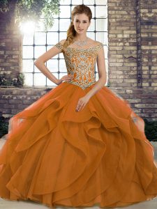 Artistic Orange Ball Gown Prom Dress Military Ball and Sweet 16 and Quinceanera with Beading and Ruffles Off The Shoulder Sleeveless Brush Train Lace Up