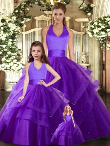 Noble Ball Gowns Quinceanera Dress Purple Halter Top Tulle Sleeveless Floor Length Lace Up