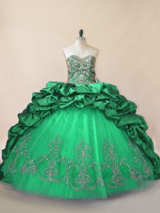 Admirable Tulle Sweetheart Sleeveless Brush Train Lace Up Beading and Pick Ups Quinceanera Gown in Green