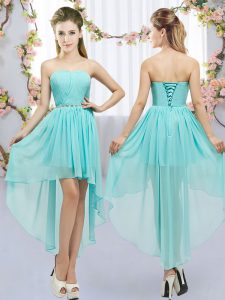 Vintage Aqua Blue Lace Up Bridesmaid Dresses Beading Sleeveless High Low
