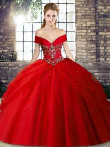Red Ball Gowns Beading and Pick Ups Vestidos de Quinceanera Lace Up Tulle Sleeveless