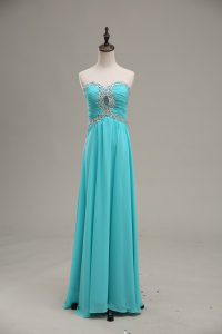 Charming Aqua Blue Sleeveless Beading and Ruching Floor Length Runway Inspired Dress