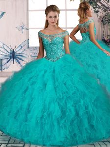 Decent Aqua Blue Lace Up Off The Shoulder Beading and Ruffles Ball Gown Prom Dress Tulle Sleeveless Brush Train