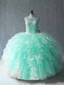 Floor Length Lace Up Quinceanera Dress Apple Green for Sweet 16 and Quinceanera with Beading and Ruffles