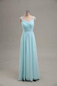 Blue Zipper Straps Ruching Prom Evening Gown Chiffon Sleeveless