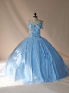 Fine Blue and Light Blue Lace Up V-neck Beading Sweet 16 Quinceanera Dress Tulle Sleeveless Brush Train