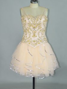 Traditional Tulle Spaghetti Straps Sleeveless Lace Up Beading and Ruffles in Champagne