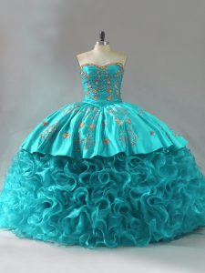 Perfect Aqua Blue Ball Gowns Embroidery and Ruffles Quinceanera Gowns Lace Up Fabric With Rolling Flowers Sleeveless