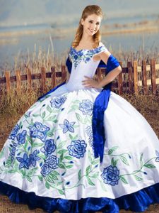 Elegant Blue And White Ball Gowns Embroidery and Ruffles Sweet 16 Dresses Lace Up Satin and Organza Sleeveless Floor Length