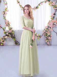 Yellow Green Half Sleeves Tulle Side Zipper Bridesmaids Dress for Wedding Party