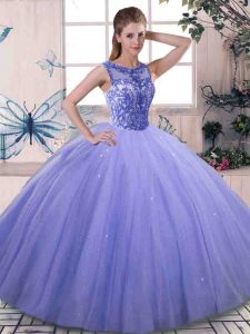Extravagant Lavender Scoop Lace Up Beading Quince Ball Gowns Sleeveless