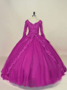 Fuchsia Lace Up V-neck Lace and Appliques 15th Birthday Dress Tulle Long Sleeves