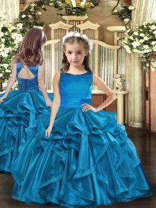 Blue Little Girls Pageant Dress Party and Wedding Party with Ruffles Scoop Sleeveless Lace Up