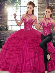 Fantastic Fuchsia Sleeveless Floor Length Beading and Ruffles Lace Up Sweet 16 Dresses