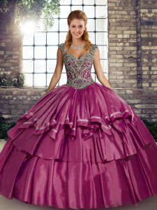 Nice Fuchsia Lace Up Quinceanera Gowns Beading and Ruffled Layers Sleeveless Floor Length