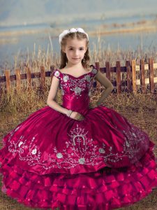 Fuchsia Ball Gowns Off The Shoulder Sleeveless Satin and Organza Floor Length Lace Up Embroidery and Ruffled Layers Custom Made Pageant Dress