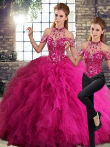 Fuchsia Lace Up Halter Top Beading and Ruffles Quinceanera Gowns Tulle Sleeveless