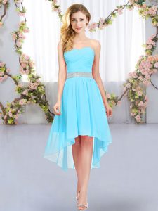 Trendy Aqua Blue Chiffon Lace Up Bridesmaid Gown Sleeveless High Low Belt