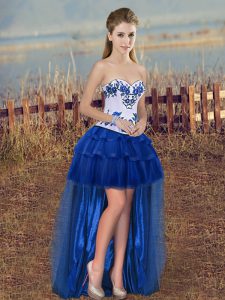 Royal Blue Lace Up Prom Party Dress Embroidery and Ruffled Layers Sleeveless High Low