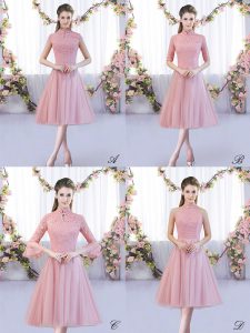 Fantastic Pink A-line Tulle High-neck Cap Sleeves Lace Tea Length Zipper Quinceanera Dama Dress