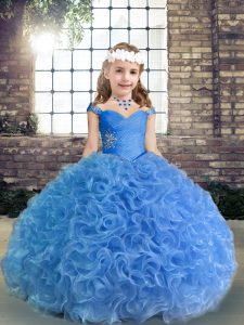 Blue Fabric With Rolling Flowers Lace Up Pageant Dress Toddler Sleeveless Floor Length Beading and Ruching