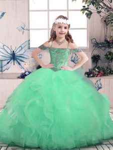 Apple Green Ball Gowns Beading and Ruffles Little Girl Pageant Dress Lace Up Tulle Sleeveless Floor Length