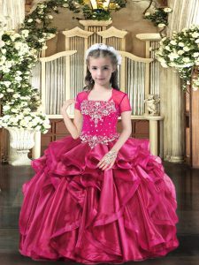 Custom Design Hot Pink Lace Up Straps Beading Pageant Gowns For Girls Organza Sleeveless