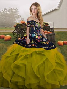Ball Gowns Sweet 16 Dresses Olive Green Off The Shoulder Tulle Sleeveless Floor Length Lace Up
