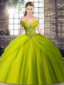 Off The Shoulder Sleeveless Quinceanera Dresses Brush Train Beading and Pick Ups Olive Green Tulle