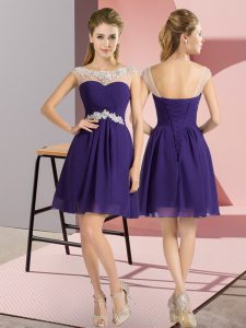 Elegant Beading Dama Dress for Quinceanera Purple Lace Up Cap Sleeves Mini Length