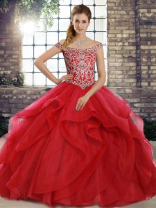 Sleeveless Beading and Ruffles Lace Up Quinceanera Gowns with Red Brush Train