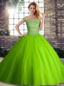 Nice Off The Shoulder Sleeveless Brush Train Lace Up Quince Ball Gowns Tulle