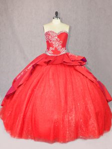 Most Popular Red Sleeveless Floor Length Embroidery Lace Up 15 Quinceanera Dress