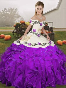 On Sale Floor Length Lace Up Sweet 16 Dress White And Purple for Military Ball and Sweet 16 and Quinceanera with Embroidery and Ruffles