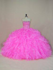 Elegant Strapless Sleeveless 15th Birthday Dress Floor Length Beading and Ruffles Pink Organza