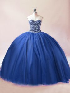 Blue Sleeveless Floor Length Beading Lace Up Quinceanera Gowns