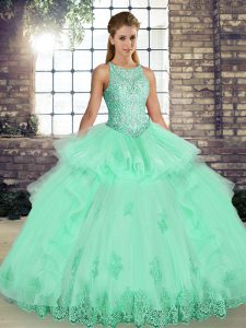 Stunning Apple Green Tulle Lace Up Scoop Sleeveless Floor Length Quinceanera Gowns Lace and Embroidery and Ruffles