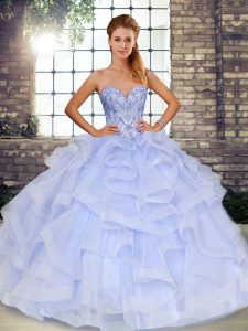 Designer Floor Length Lace Up Quince Ball Gowns Lavender for Military Ball and Sweet 16 and Quinceanera with Beading and Ruffles